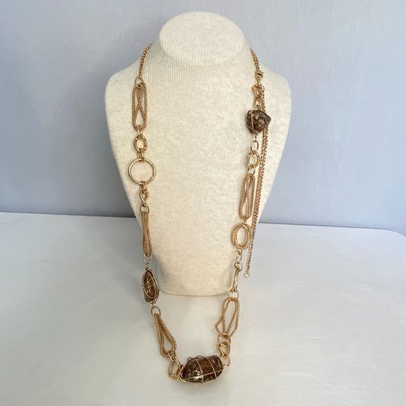 Mixed Chain Opera Length Necklace Wired Brown Lucite Stones - Picture 2 of 12